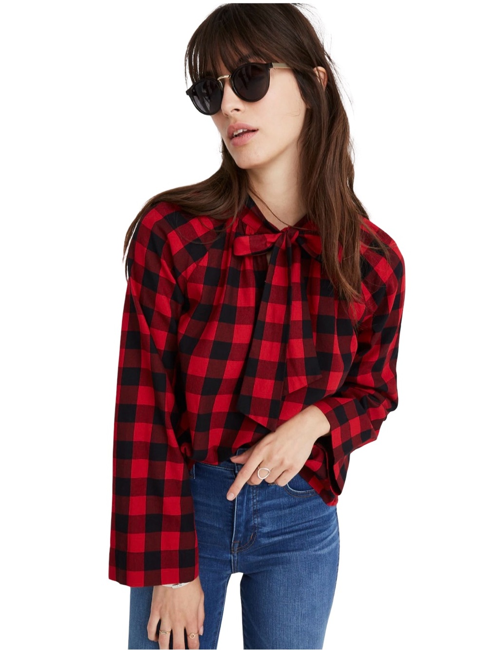 Madewell Buffalo Plaid Tie Neck Popover Blouse Top S Goblincore Grunge Cabincore